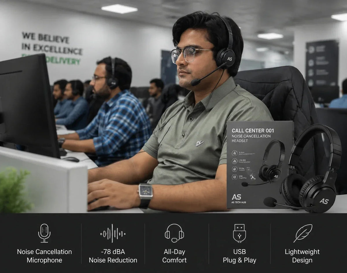 AS Tech Hub Call Center 001 noise cancellation headset with microphone used by a customer support agent