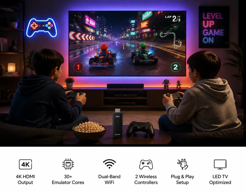 SJGAM M66 Mini Arcade Console gaming setup with kids playing games on LED TV