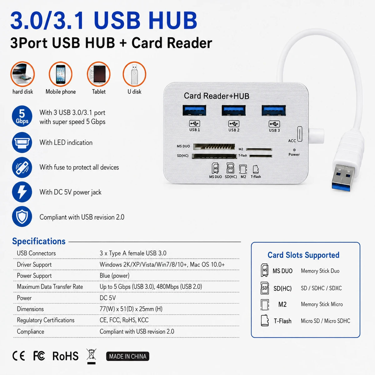 3-port USB 3.0 hub card reader specifications with 5Gbps transfer and DC 5V power