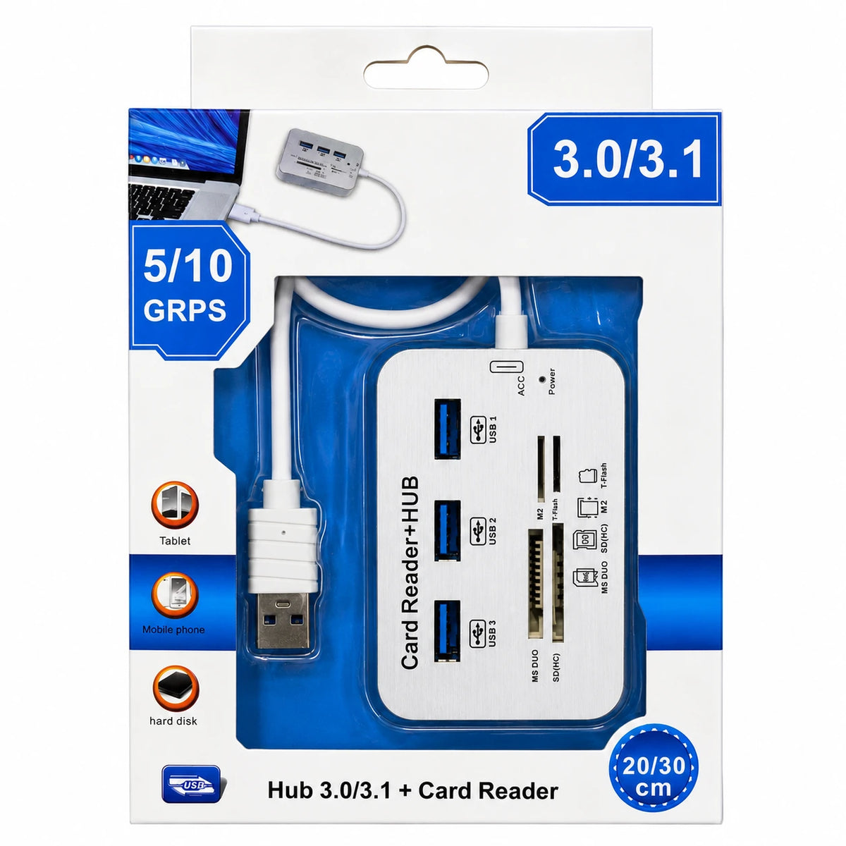 3-port USB 3.0 hub with card reader product packaging