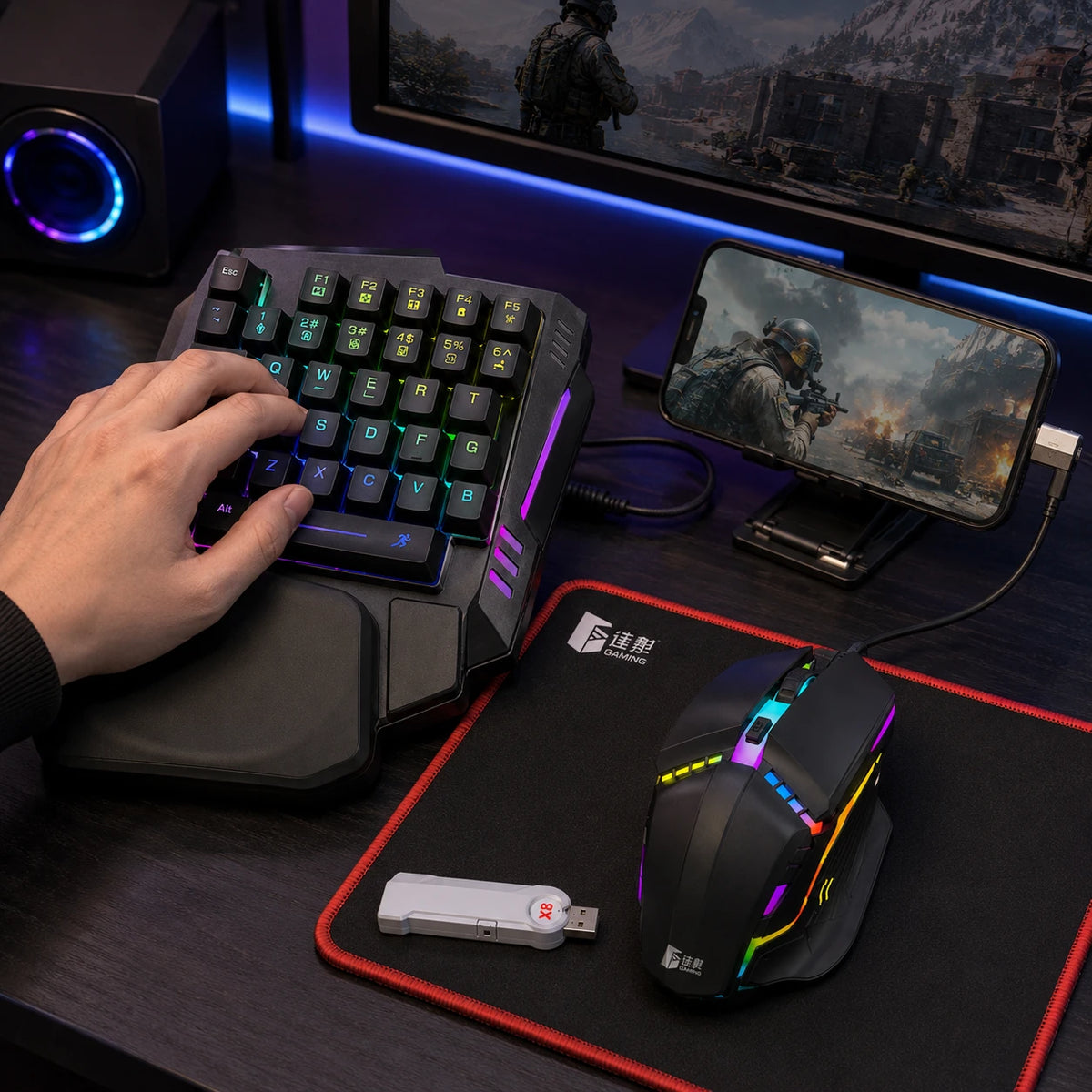 5-in-1 mobile gaming accessories combo with keyboard mouse converter and mouse pad