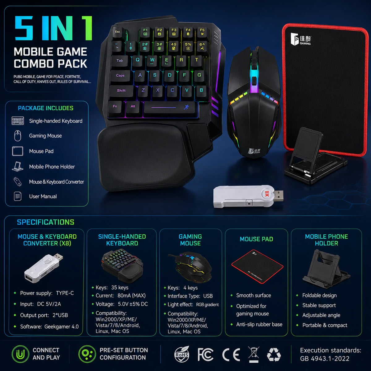 5-in-1 mobile gaming combo complete accessories and product specifications