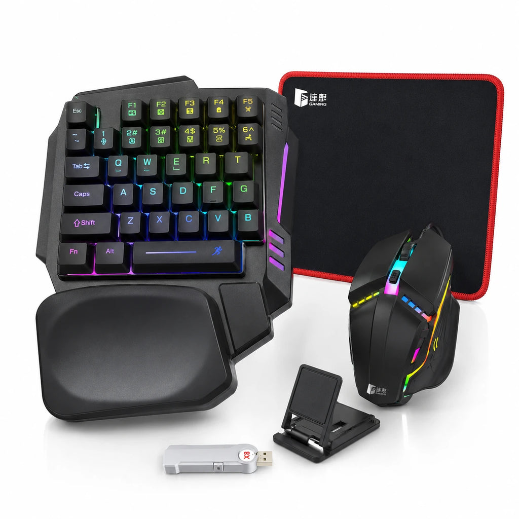 5-in-1 mobile gaming setup with single-handed keyboard gaming mouse and phone holder