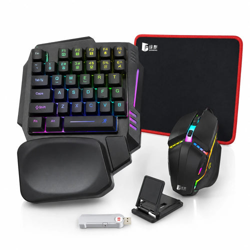 5-in-1 mobile gaming setup with single-handed keyboard gaming mouse and phone holder