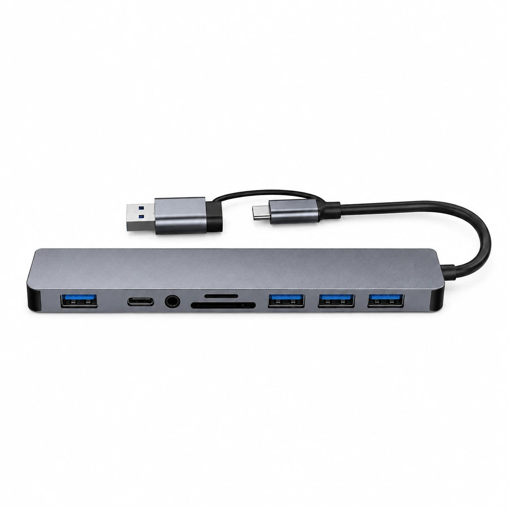 8-in-1 Type-C USB hub adapter on white background