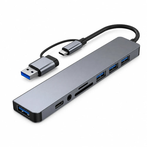 8-in-1 Type-C USB hub adapter with USB 3.0 ports and SD TF card slots
