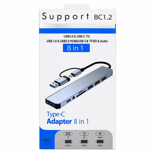 8-in-1 Type-C adapter showing USB-A ports SD TF and 3.5mm audio port
