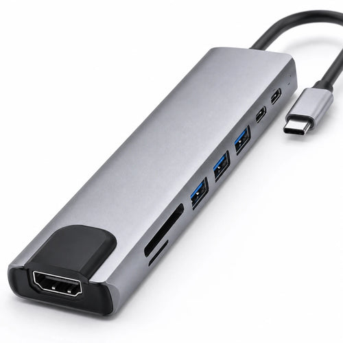 8-in-1 USB-C hub showing HDMI USB RJ45 SD and TF ports