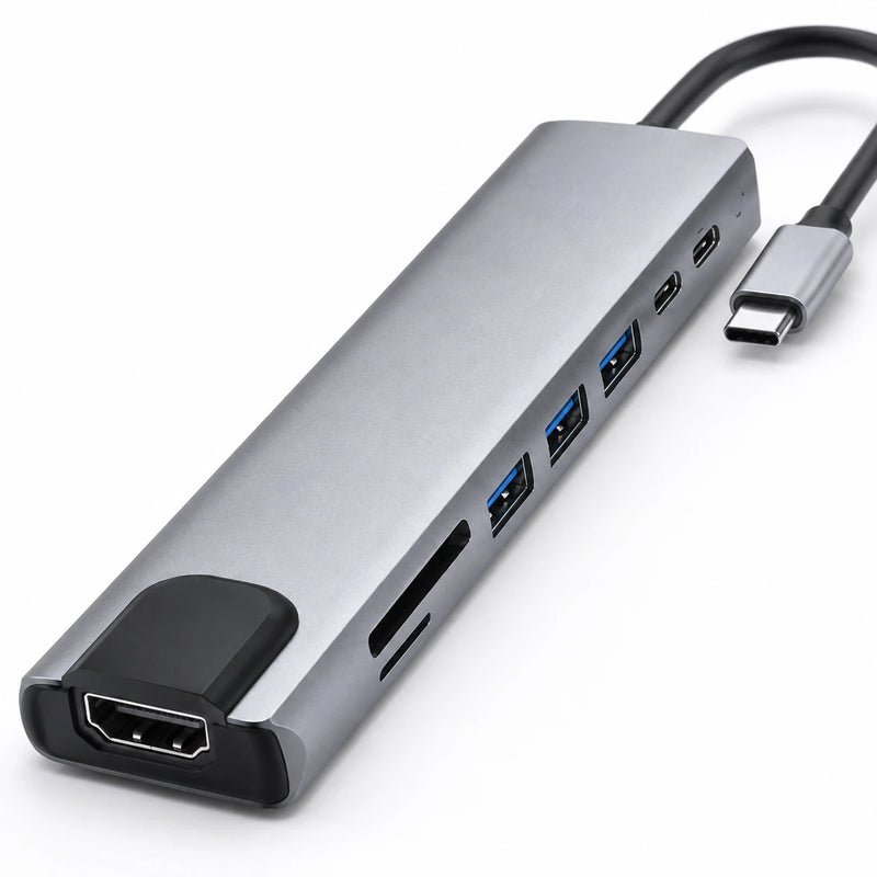 8-in-1 USB-C hub showing HDMI USB RJ45 SD and TF ports