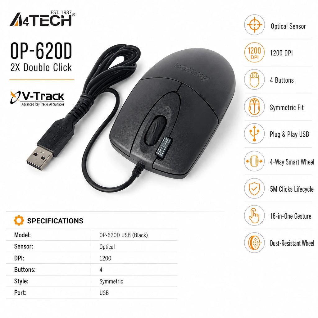 A4Tech OP-620D USB Mouse – 1200 DPI, 4 Buttons & 4-Way Wheel