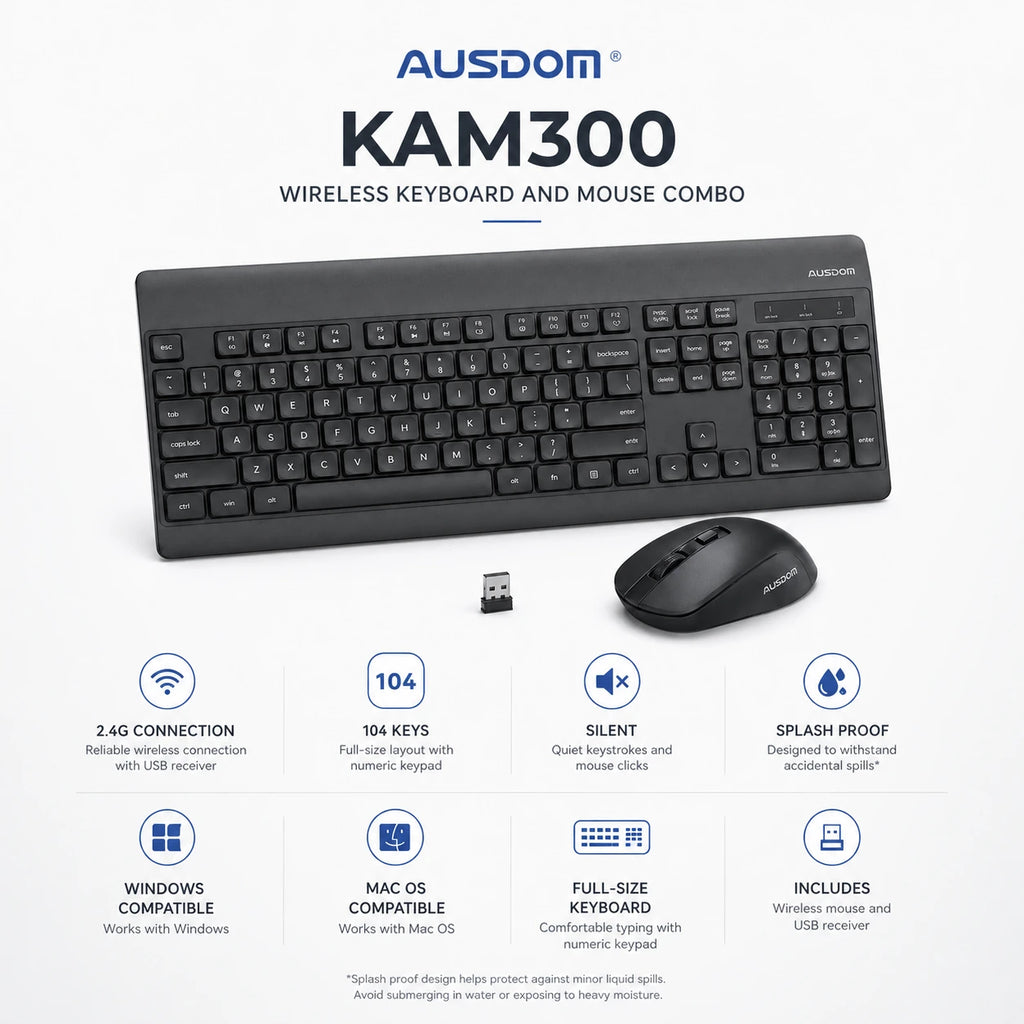 AUSDOM KAM300 wireless keyboard mouse combo silent and splash proof features