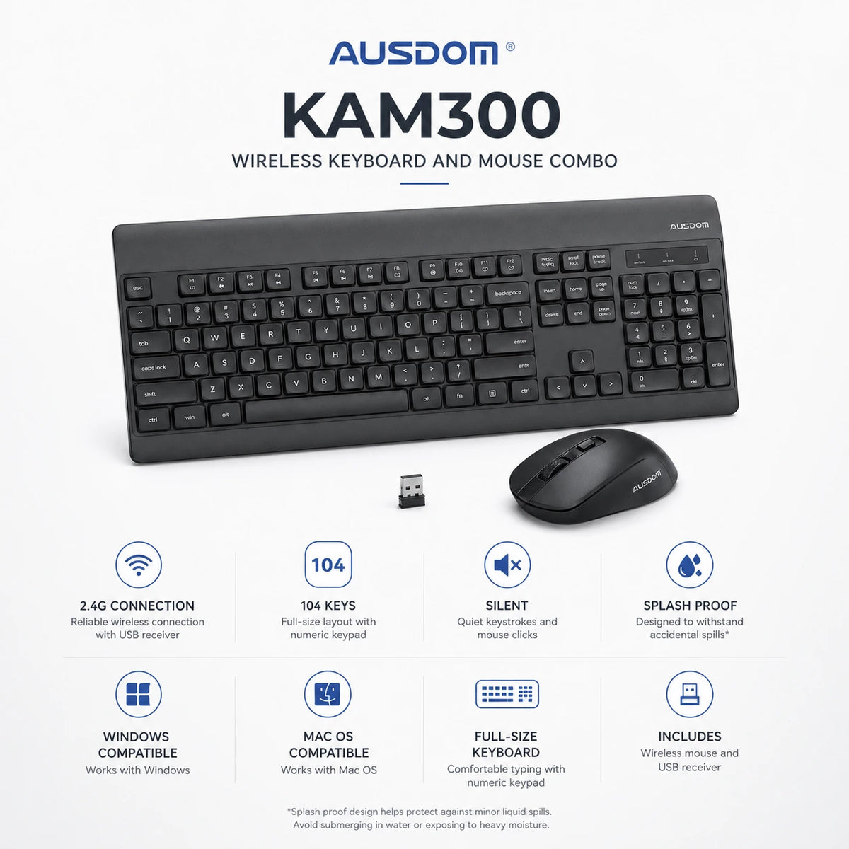 AUSDOM KAM300 wireless keyboard mouse combo silent and splash proof features