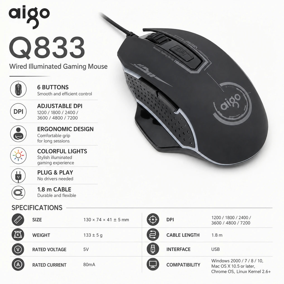 Aigo Q833 gaming mouse specifications with 7200 DPI and 6 buttons