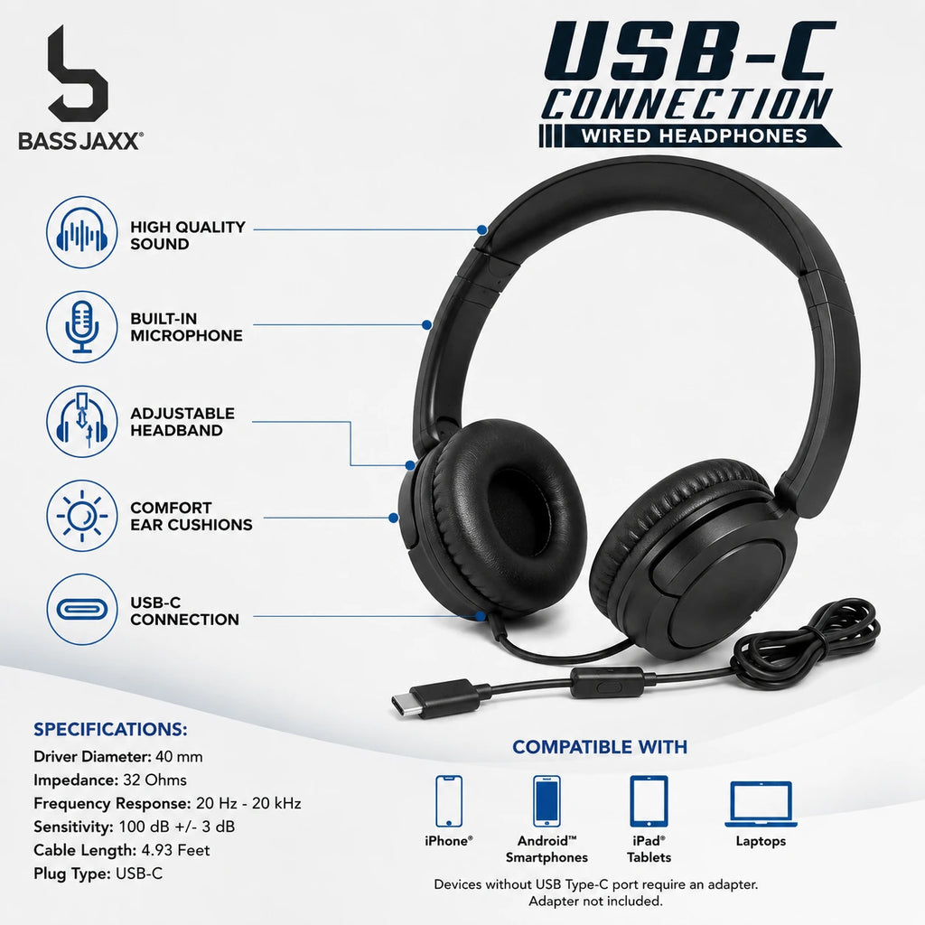BASS JAXX USB-C wired headphones specifications with 40mm drivers and 32 ohms impedance