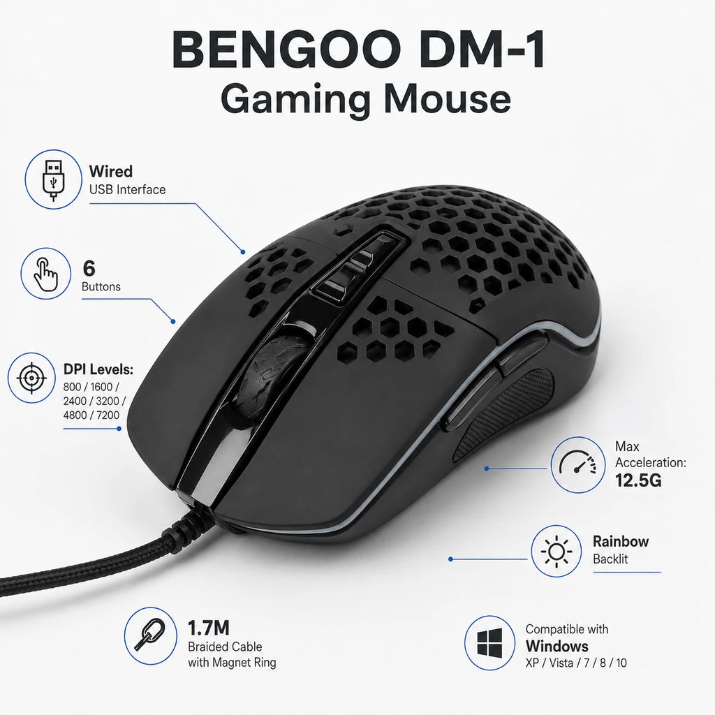 BENGOO DM-1 gaming mouse specifications with 7200 DPI and 12.5G acceleration