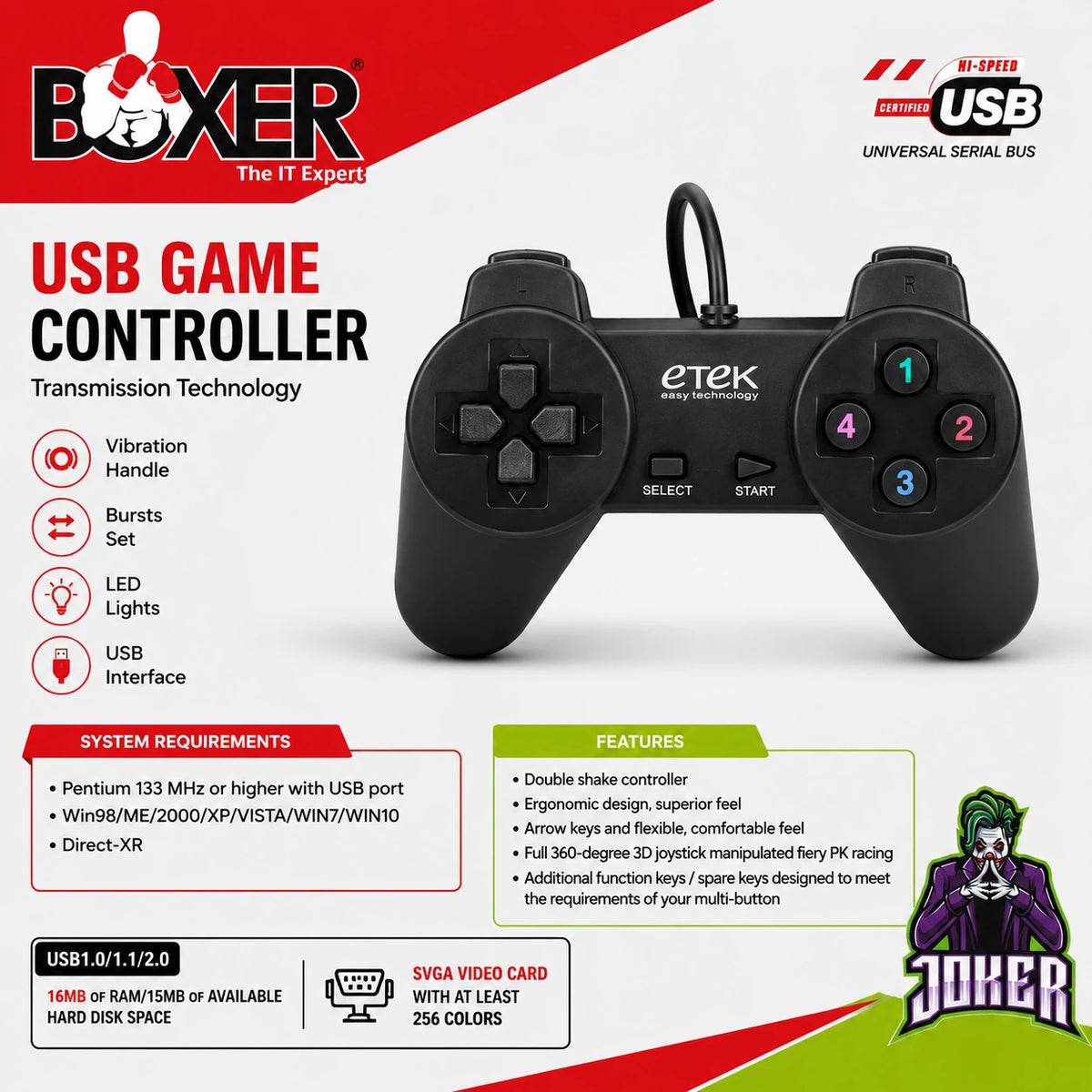 BOXER USB game controller specifications and system requirements