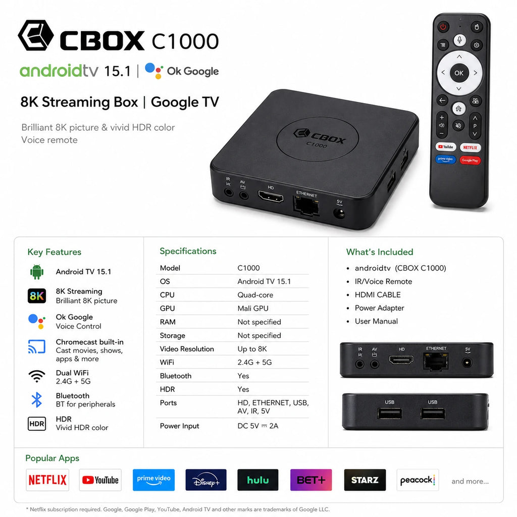 CBOX C1000 8K Android TV Box specifications with Wi-Fi Bluetooth ports and HDR
