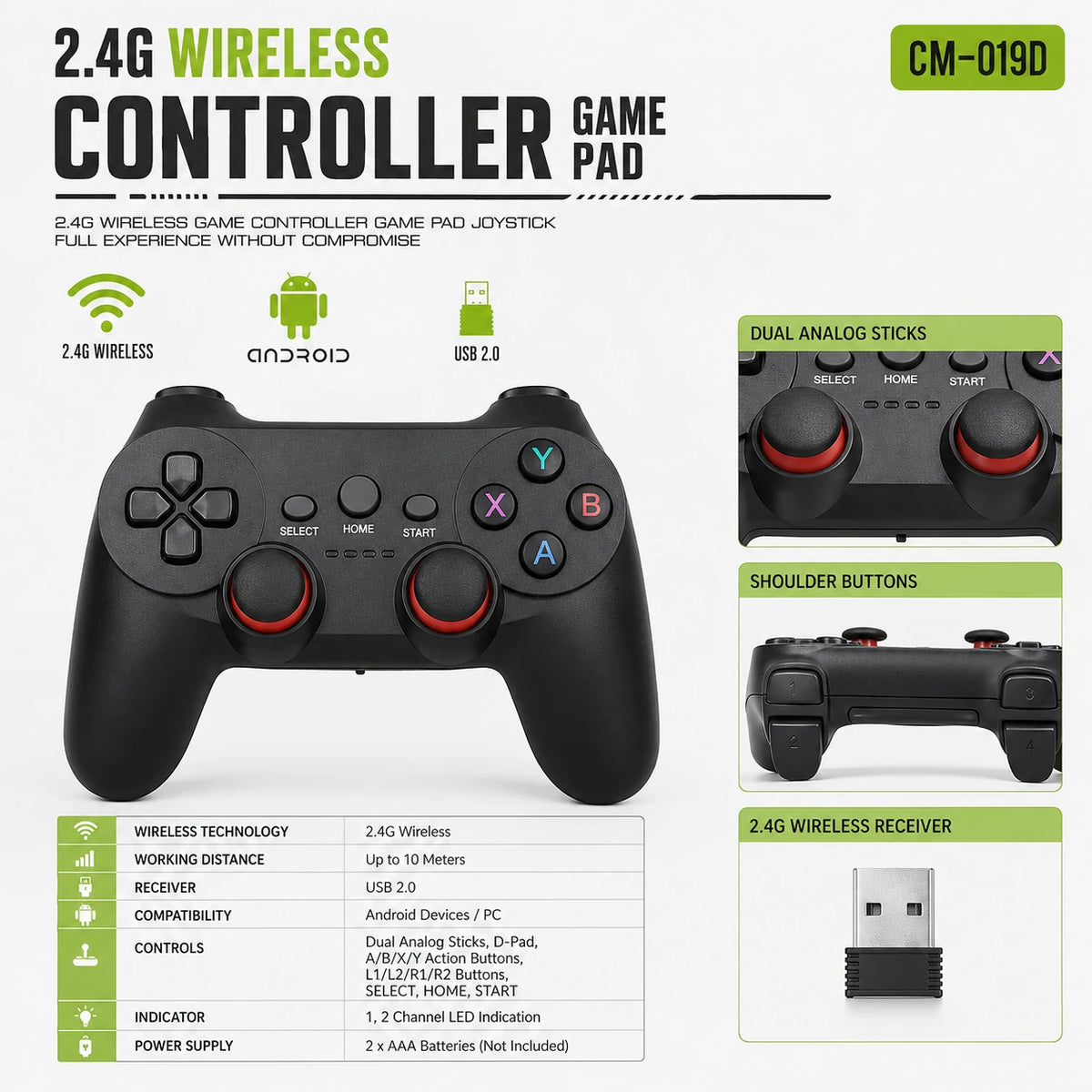 CM-019D wireless gamepad L1 L2 R1 R2 shoulder buttons
