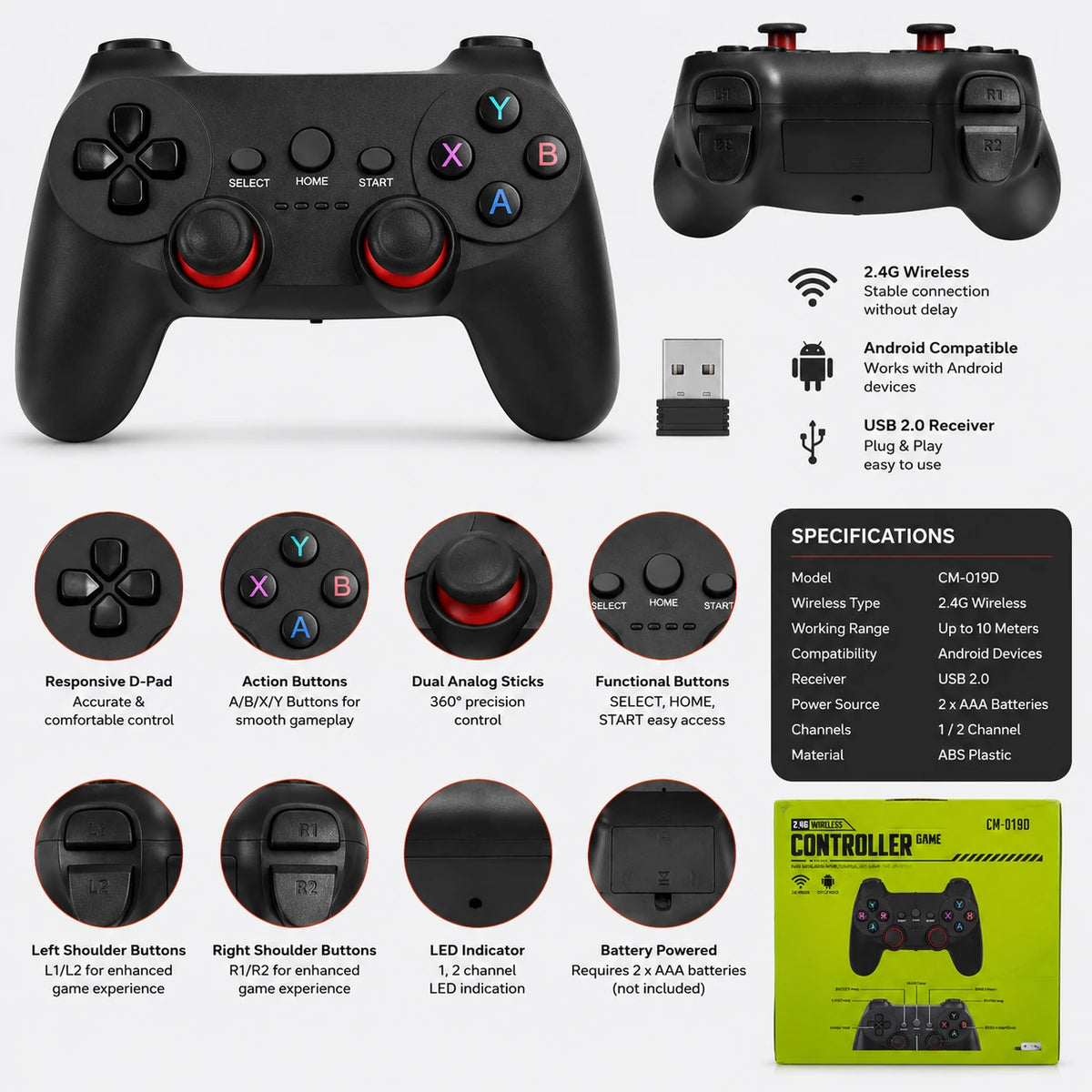 CM-019D 2.4G wireless gamepad controller specifications