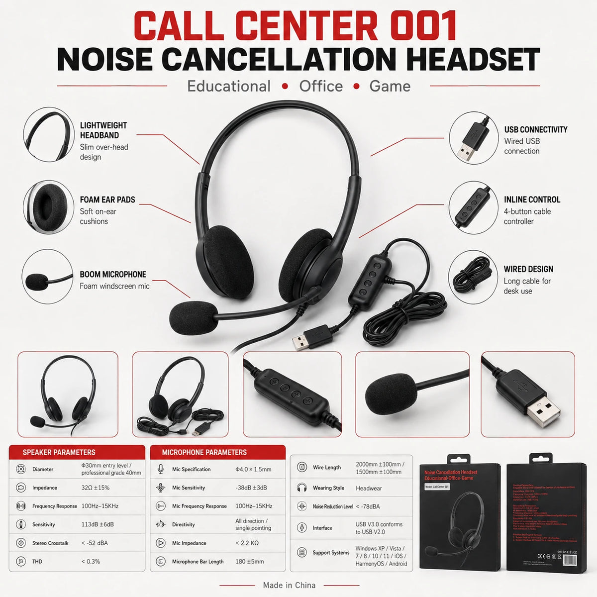 Call Center 001 headset speaker microphone and noise reduction specifications