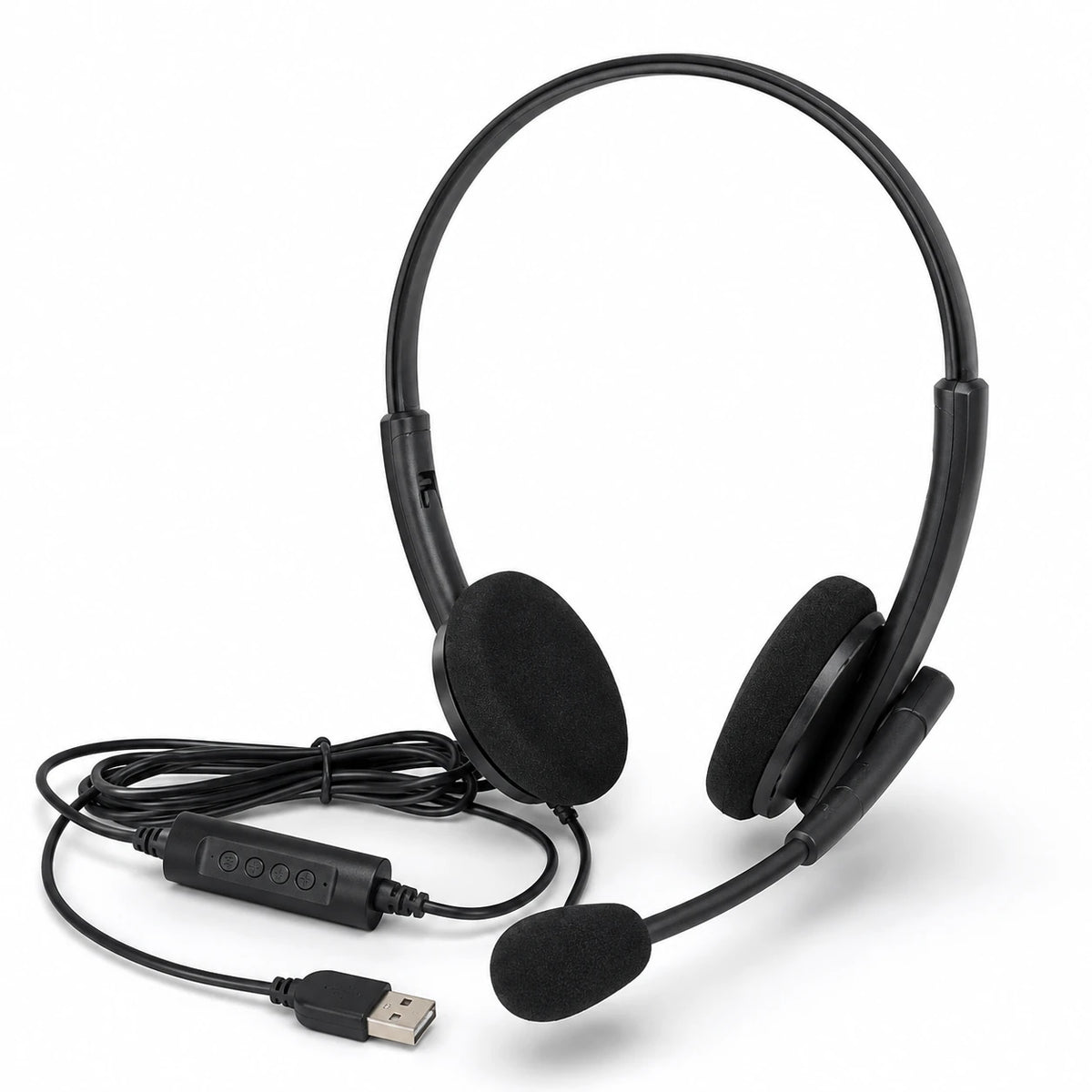 Call Center 001 USB headset front view with foam ear pads