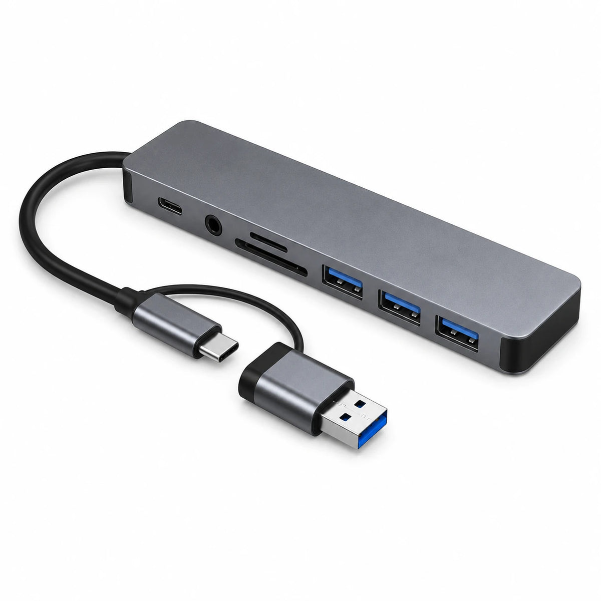 Close-up of 8-in-1 Type-C USB hub adapter ports and LED indicator