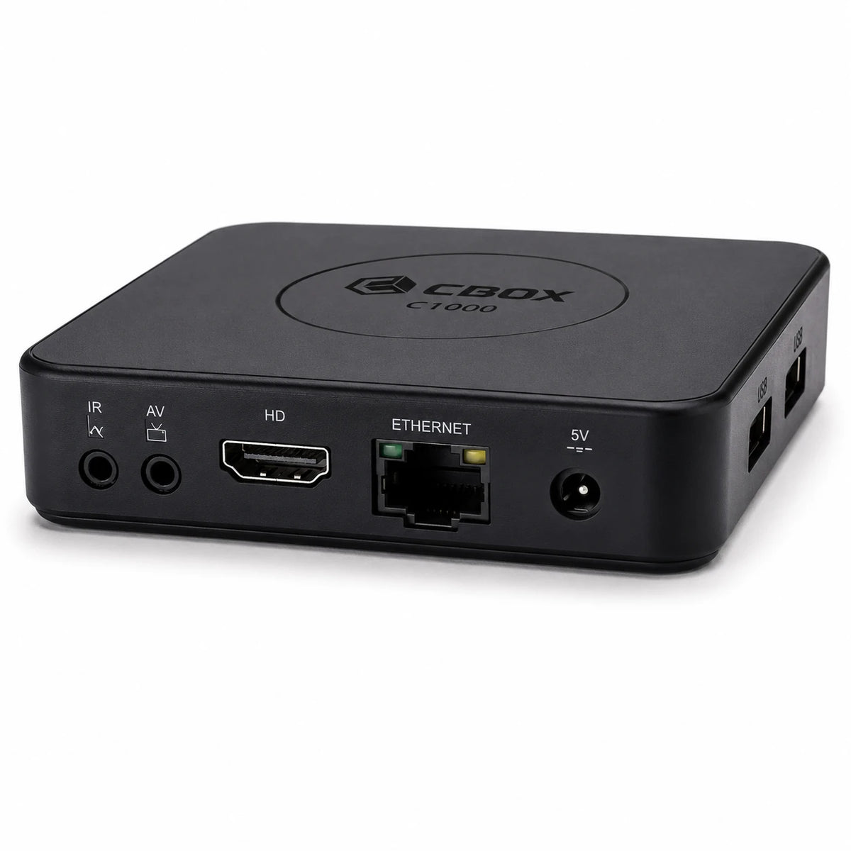 Close-up of CBOX C1000 Android TV Box showing HD Ethernet and USB ports