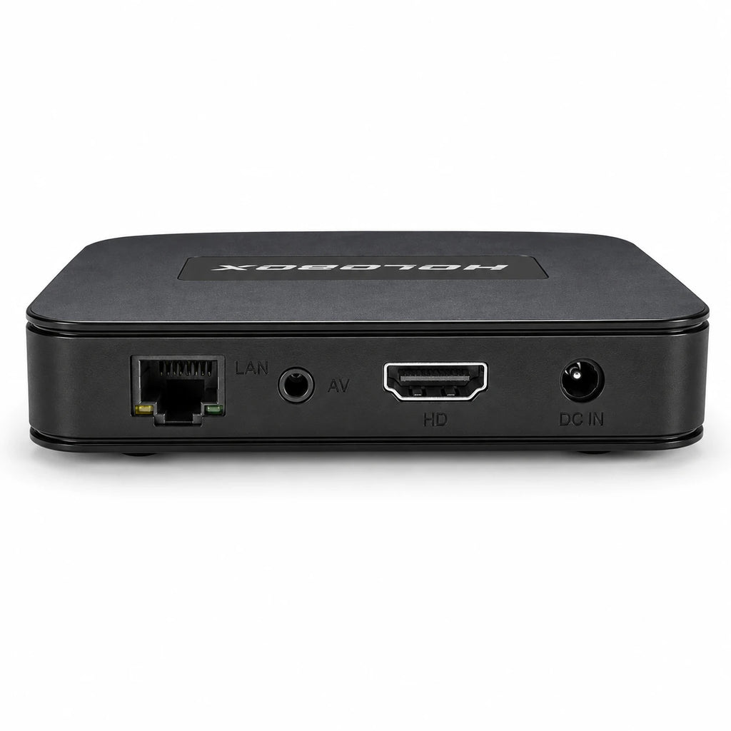 Close-up of Holobox Android TV Box with voice remote and ports