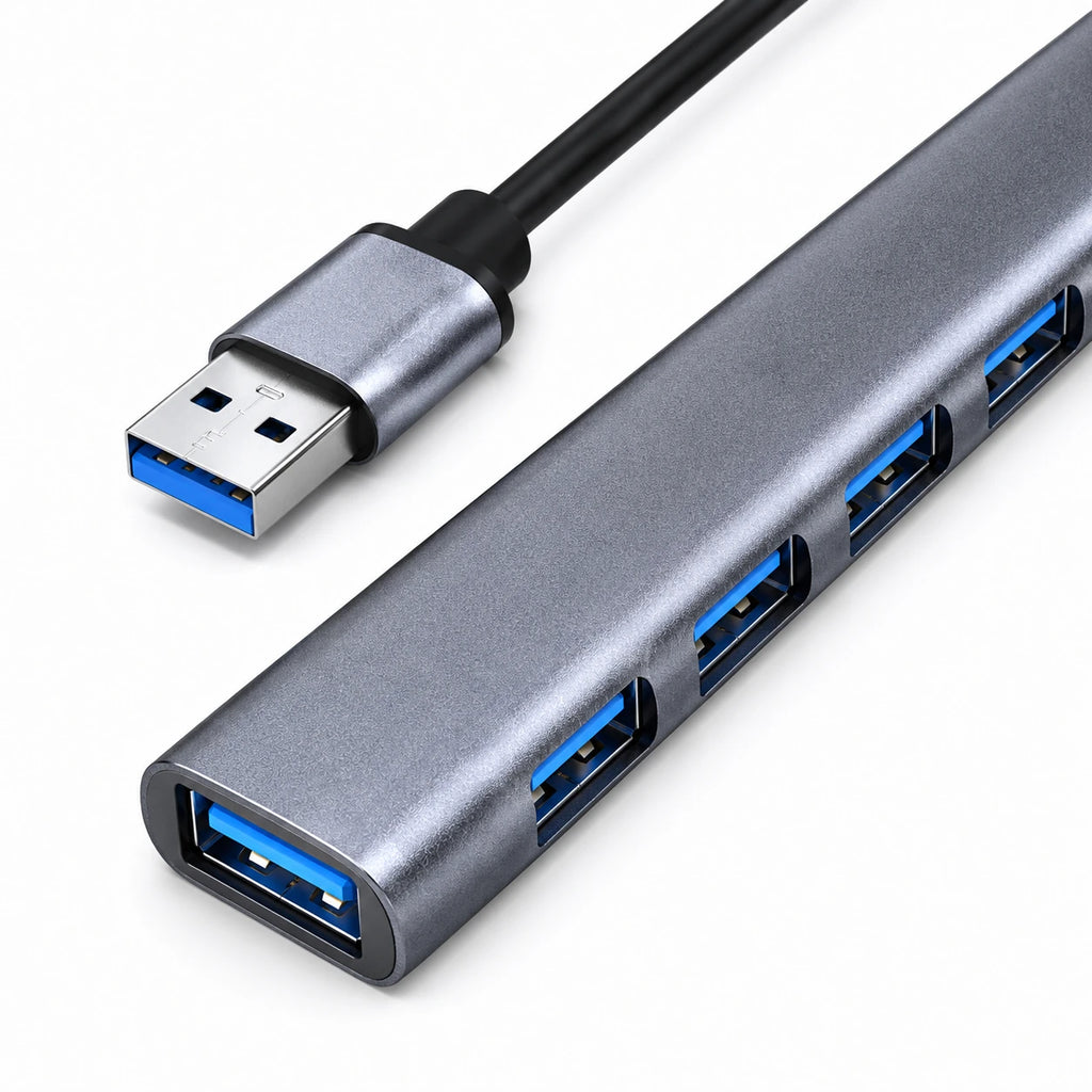 Close-up of USB 3.0 7-port hub with blue LED port indicators