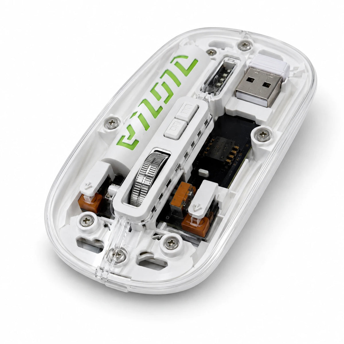 Close-up of transparent wireless mouse with silver roller and Type-C charging port