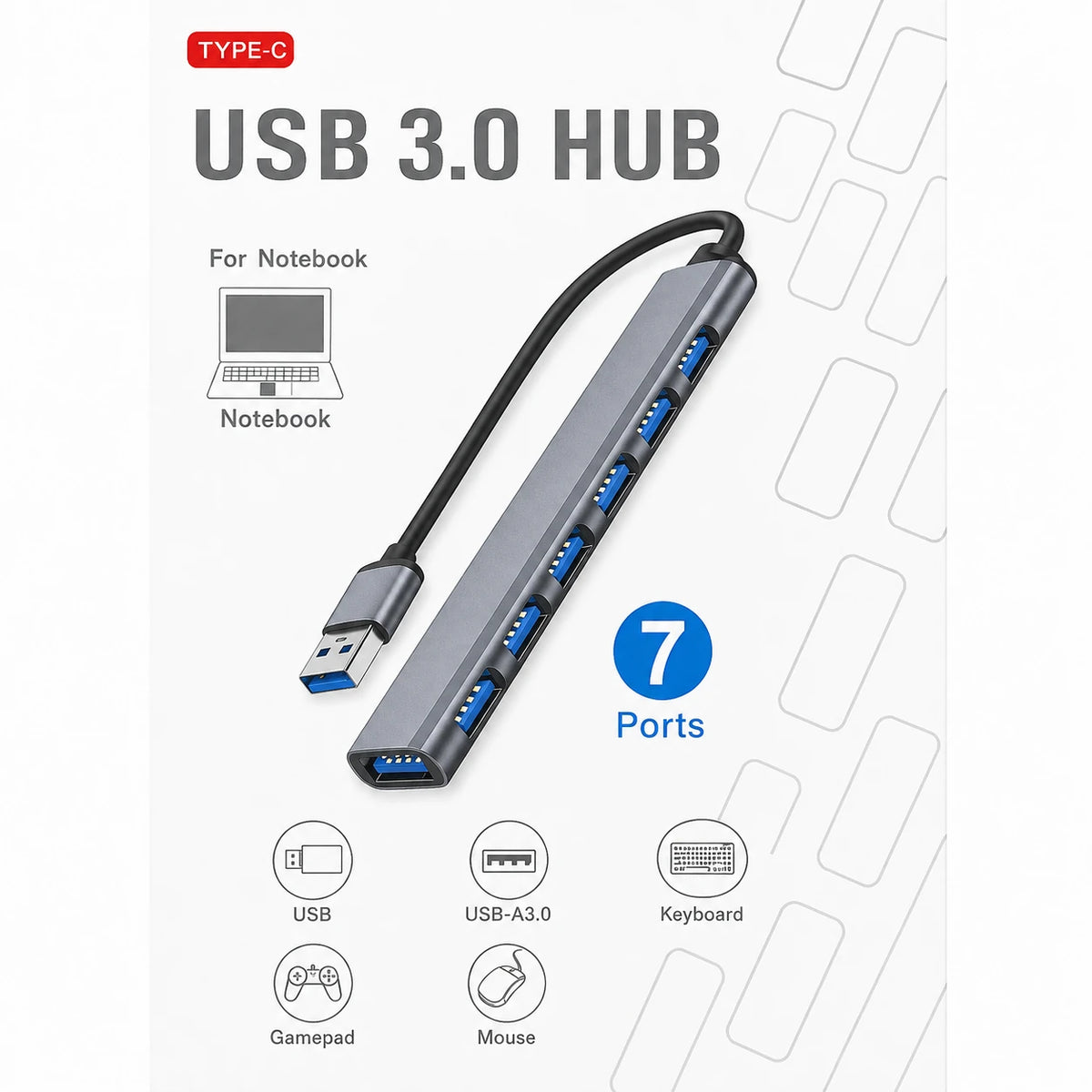USB 3.0 7-port hub connected to notebook with keyboard mouse and gamepad