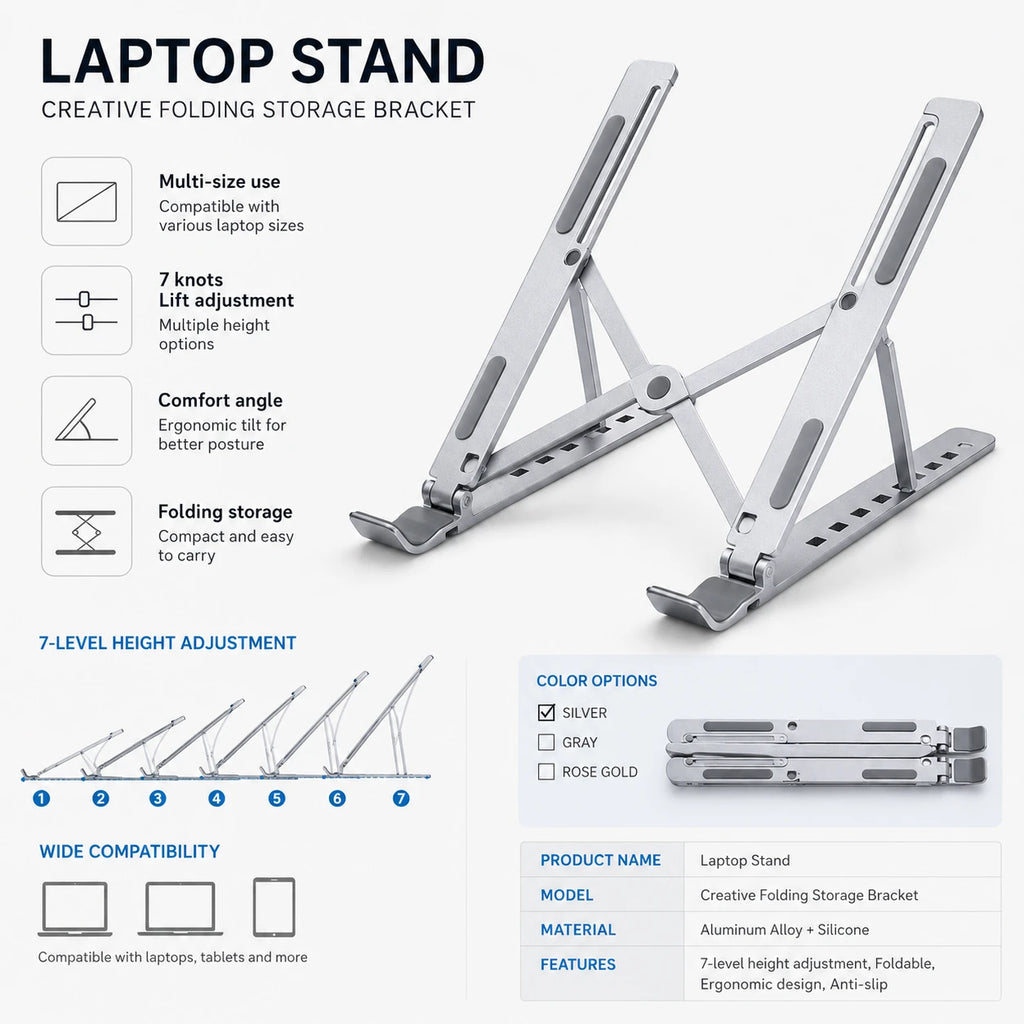Creative folding laptop stand 7-level adjustment anti-slip and wide compatibility