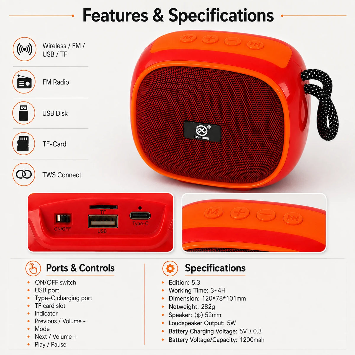 DV-1008 wireless speaker specifications with 5W output and 1200mAh battery