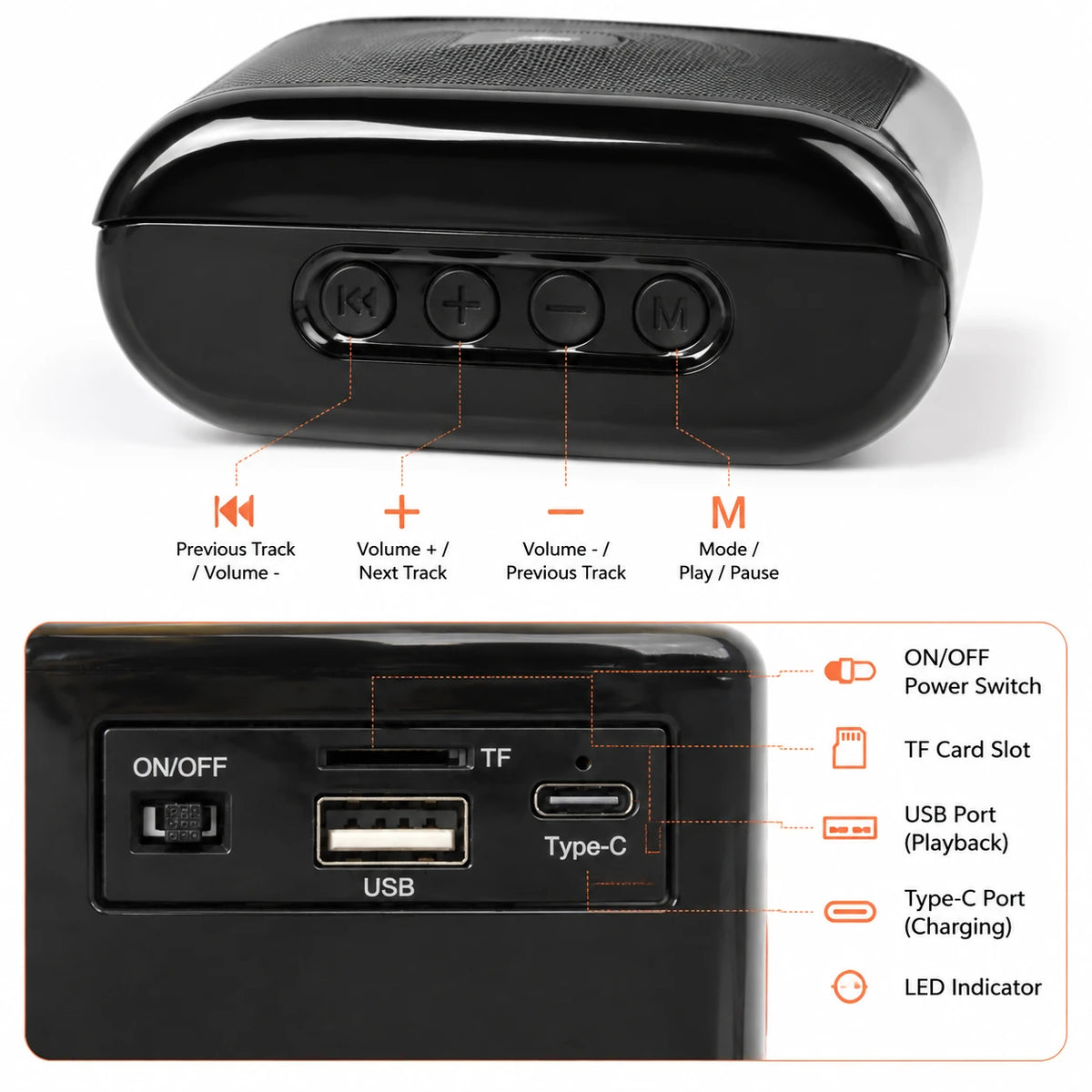 DV-1018 wireless speaker controls for volume tracks mode and play pause