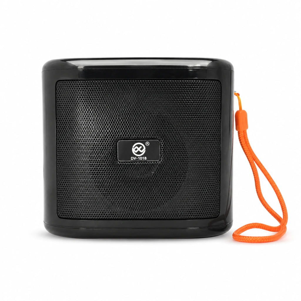 DV-1018 wireless speaker front view with portable wrist strap