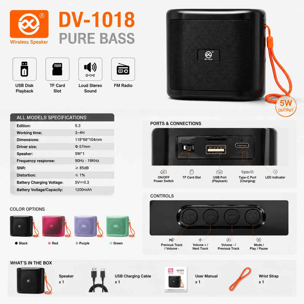 DV-1018 wireless speaker specifications with 5W output 1200mAh battery and FM radio