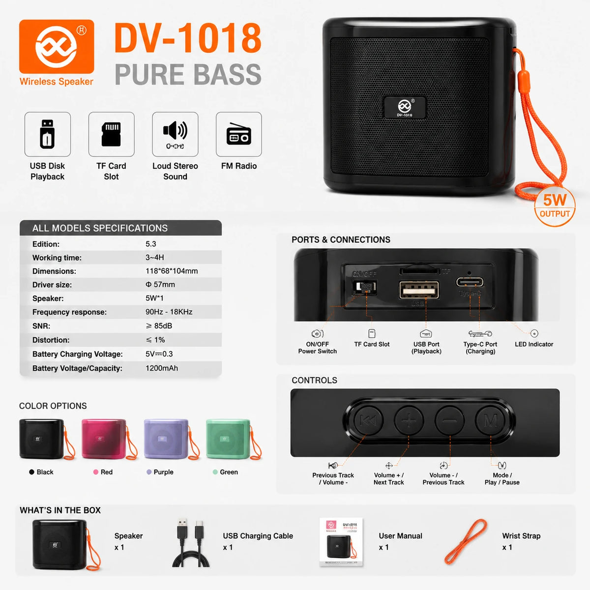 DV-1018 wireless speaker specifications with 5W output 1200mAh battery and FM radio