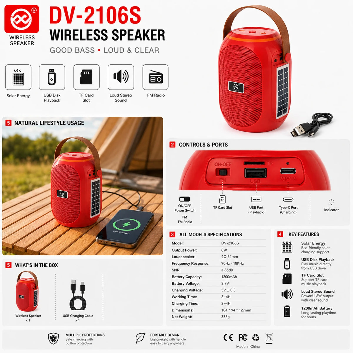DV-2106S wireless speaker specifications with 8W output and 1200mAh battery