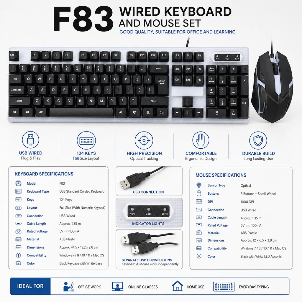 F83 wired keyboard and mouse set specifications with 104 keys and 1000 DPI