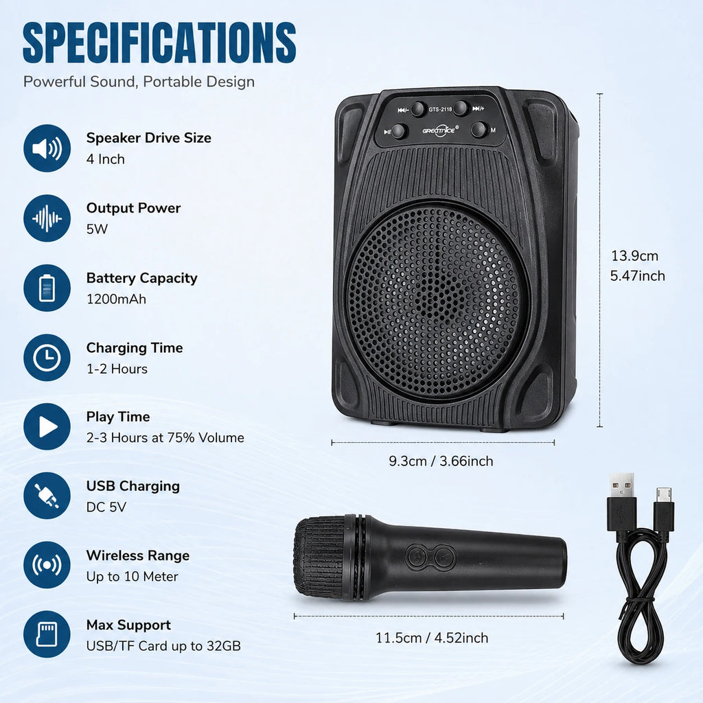 GTS-2118 karaoke speaker specifications with 5W output and 1200mAh battery