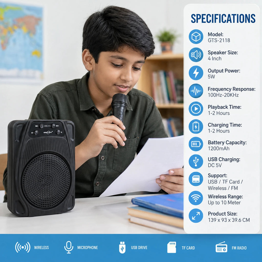 GTS-2118 portable speaker and wireless microphone for karaoke