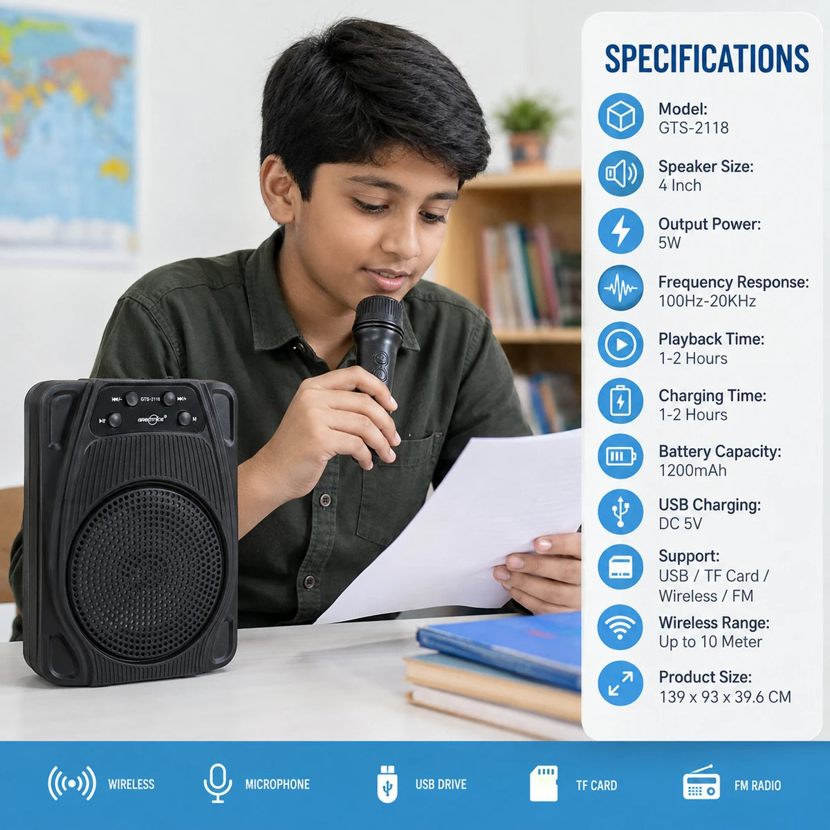 GTS-2118 portable speaker and wireless microphone for karaoke