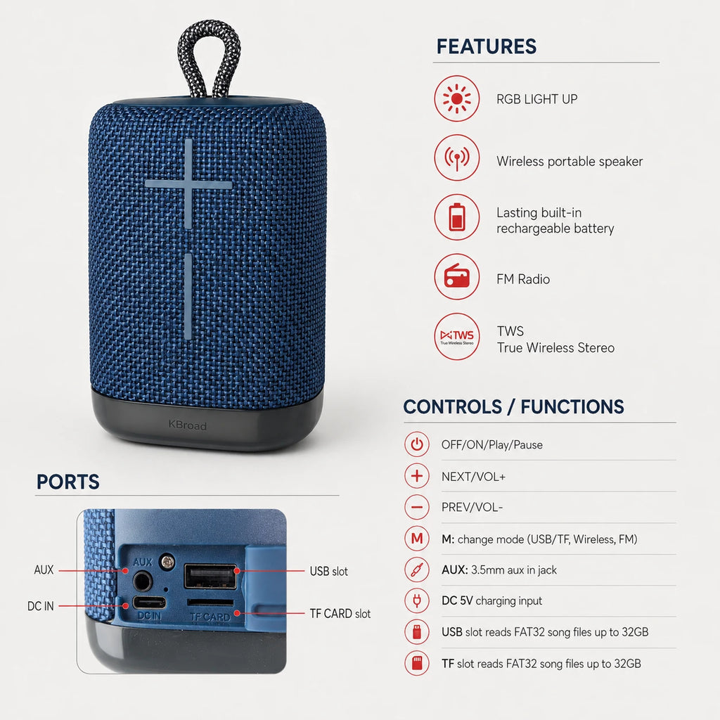 KBroad KTS-1828 wireless speaker features and playback specifications