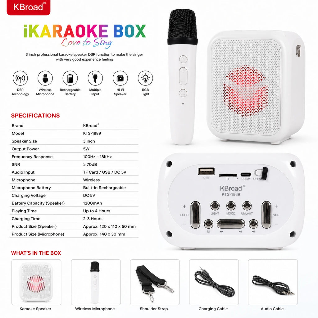KBroad KTS-1889 karaoke speaker package with wireless mic shoulder strap and cables