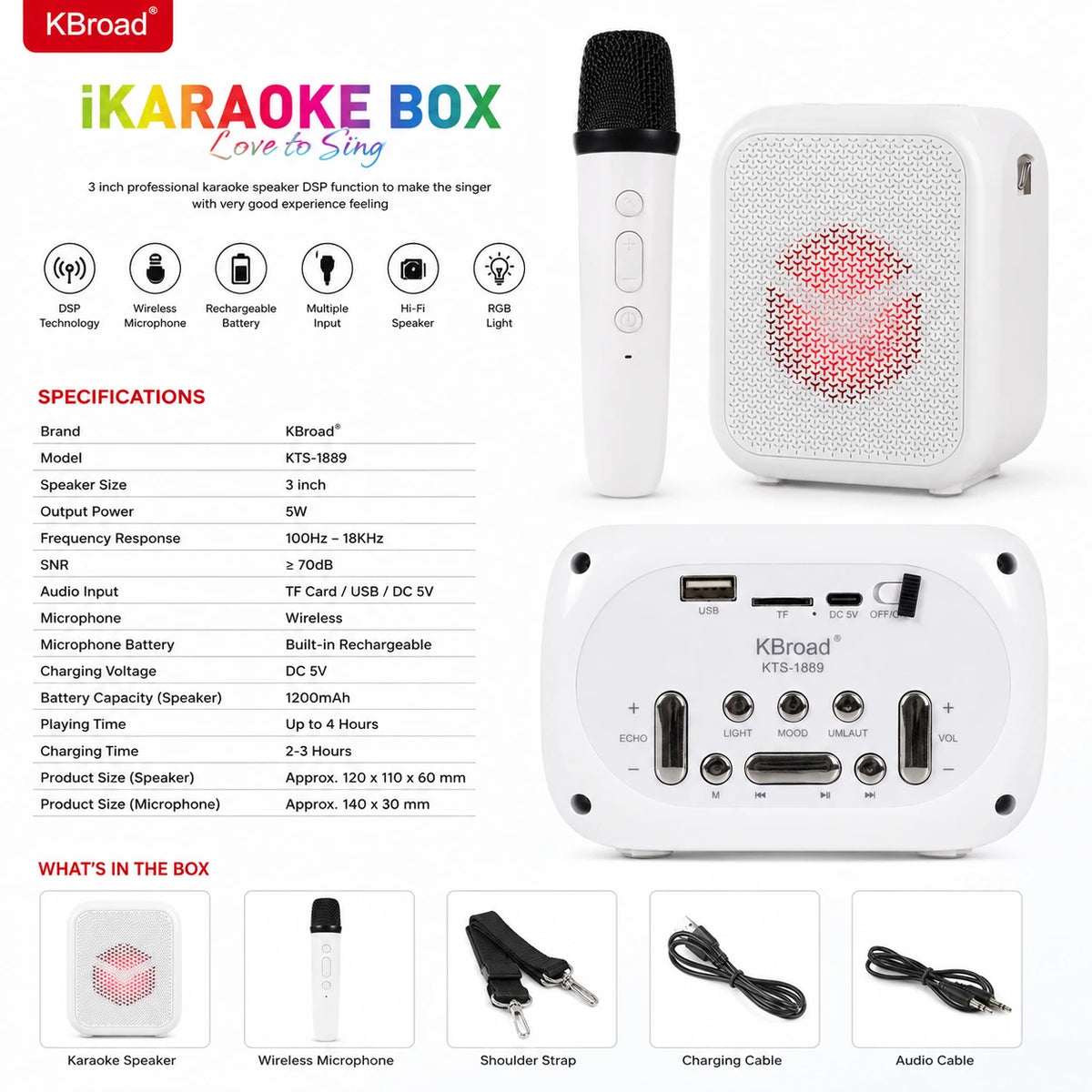 KBroad KTS-1889 karaoke speaker package with wireless mic shoulder strap and cables