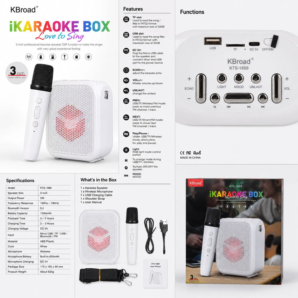 KBroad KTS-1889 karaoke speaker specifications with 5W output and 1200mAh batteryy