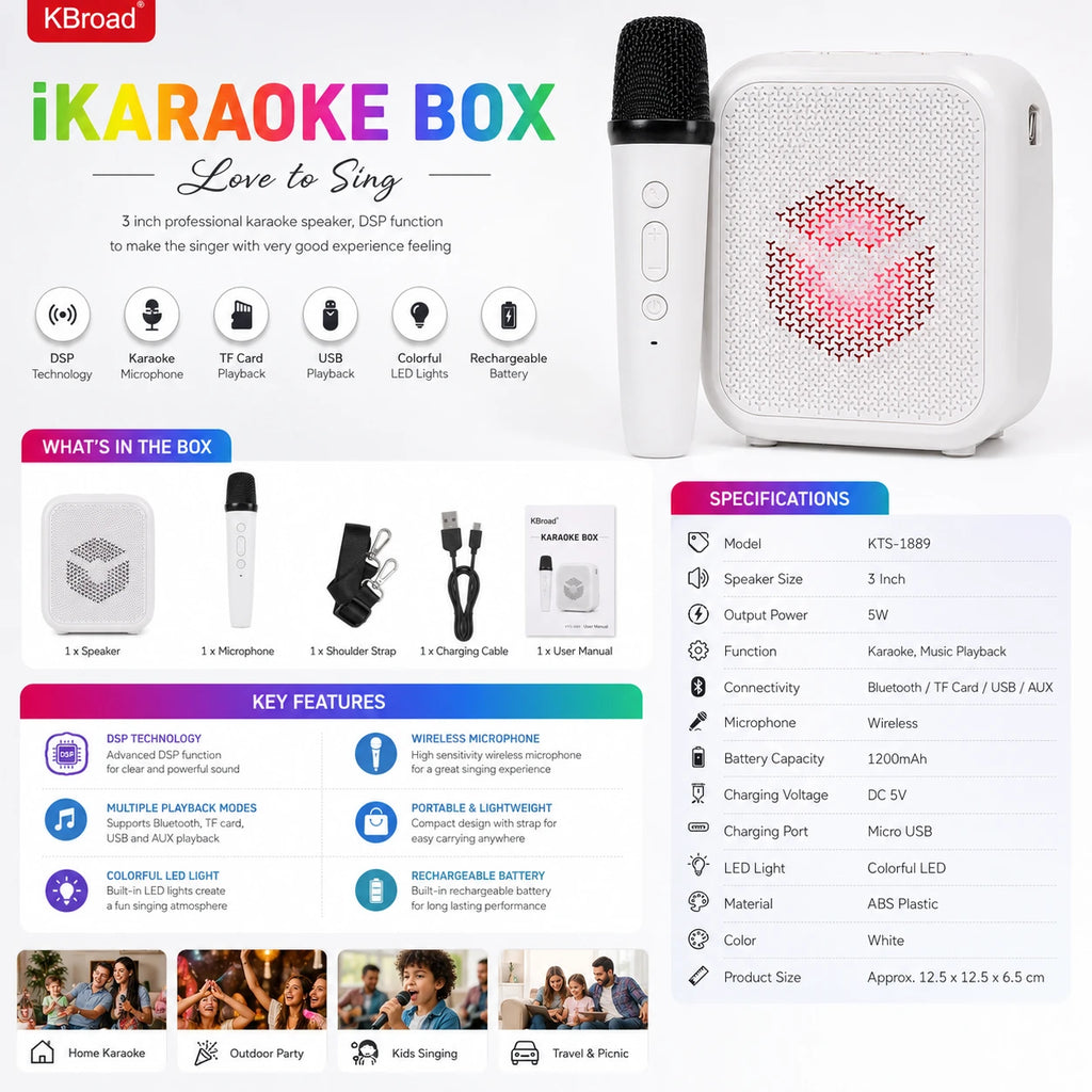 KBroad KTS-1889 karaoke speaker specifications with 5W output and 1200mAh battery