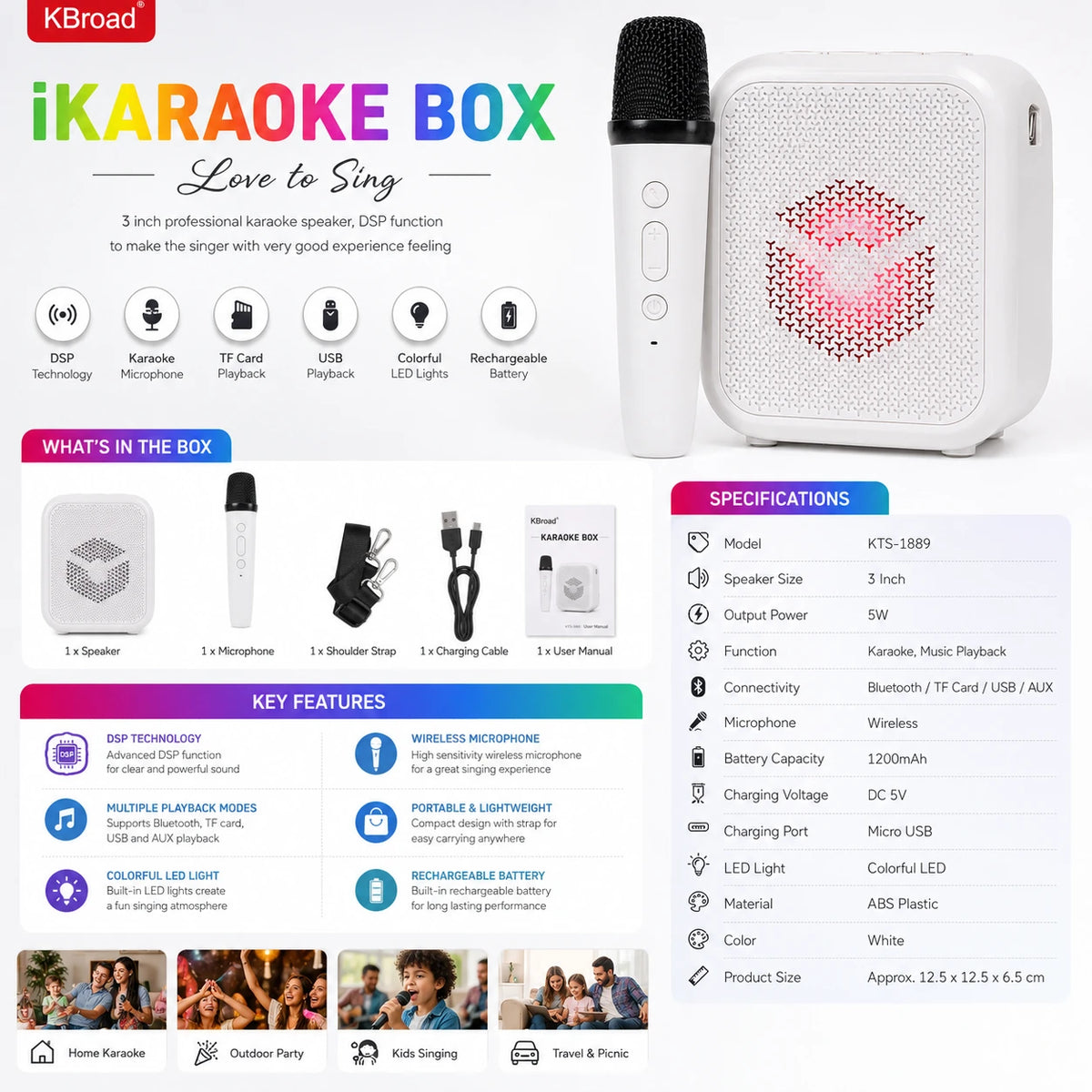 KBroad KTS-1889 karaoke speaker specifications with 5W output and 1200mAh battery