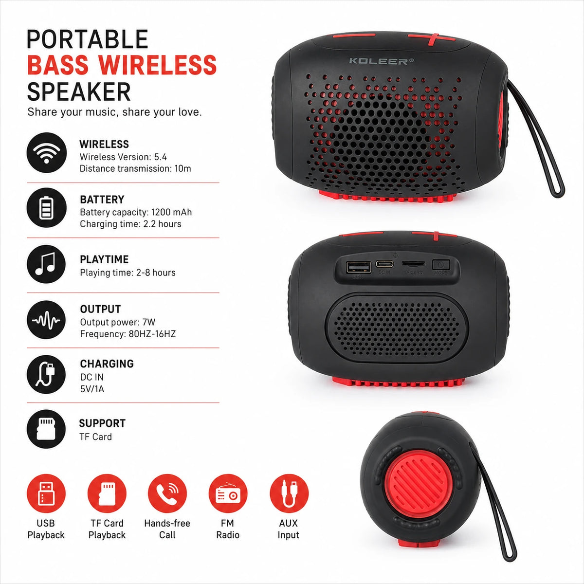 KOLEER 7W wireless speaker specifications with 1200mAh battery