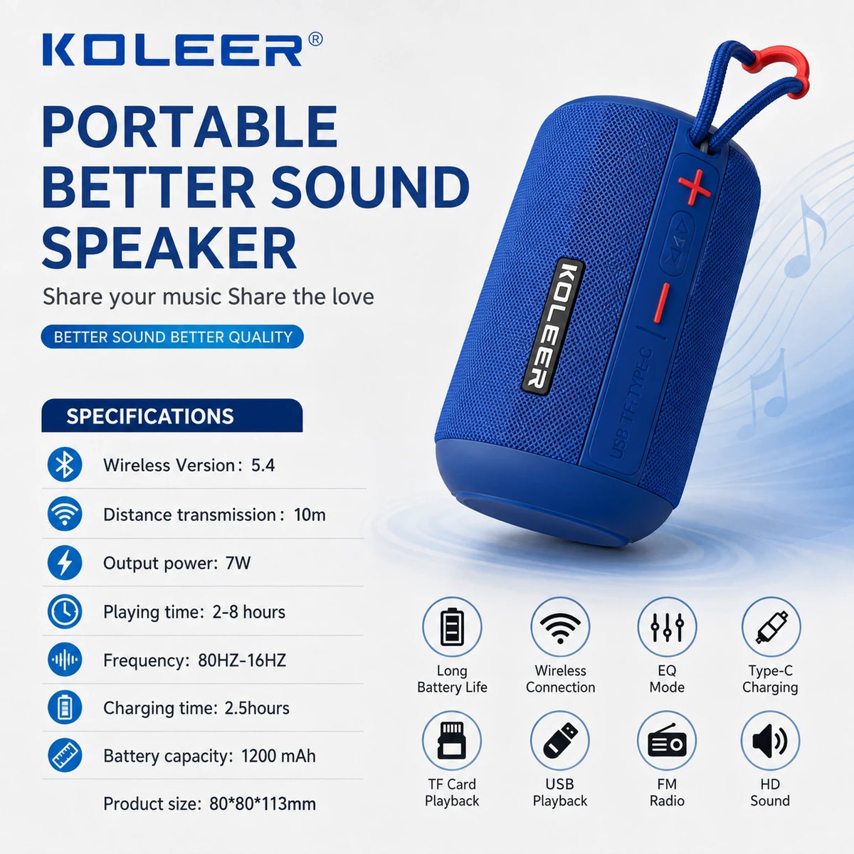 KOLEER H81 wireless speaker specifications with 7W output and 1200mAh battery